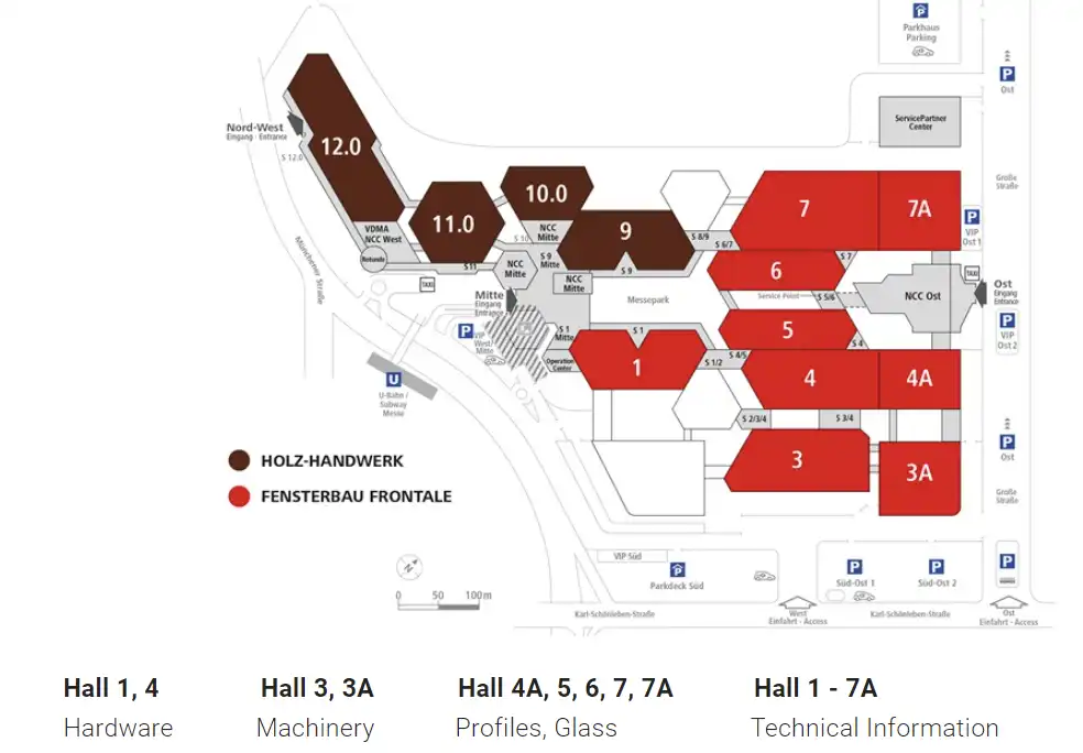 FENSTERBAU FRONTALE | 会場のNuremberg Messe内では、窓に関するハードウェア（金具）、工作機械、プロファイル（押出形材）・ガラスなどのセクションごとに分かれて各社展示